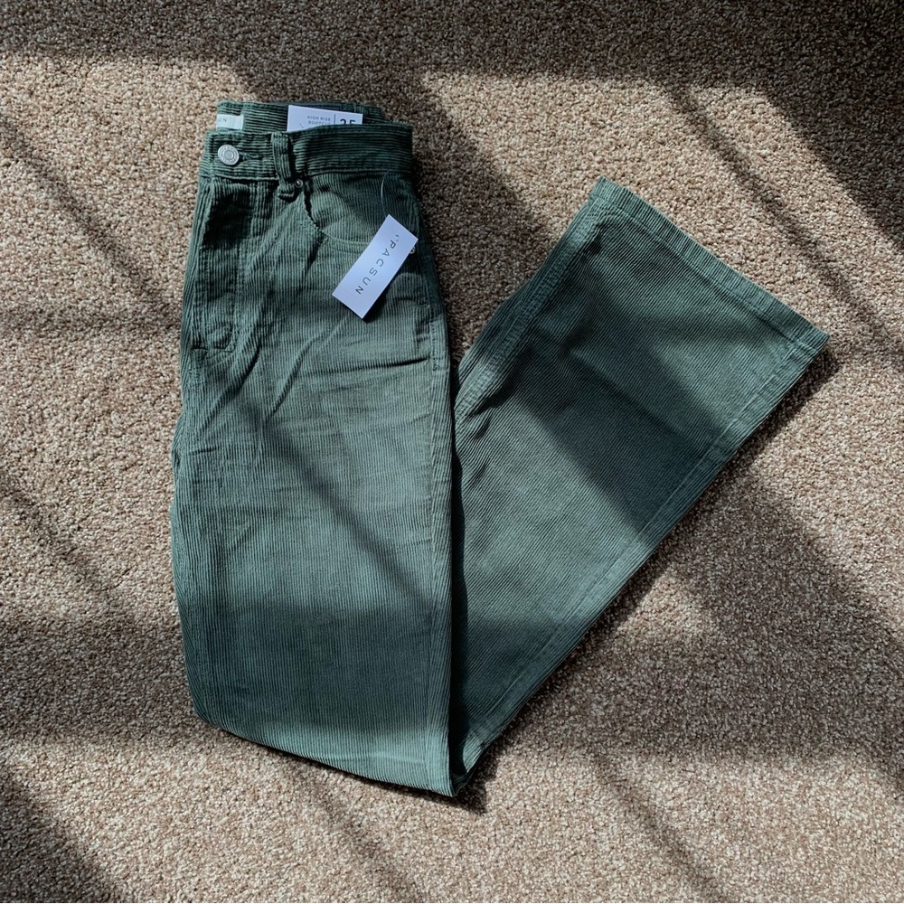 Green corduroy flare bootcut pants, high waisted